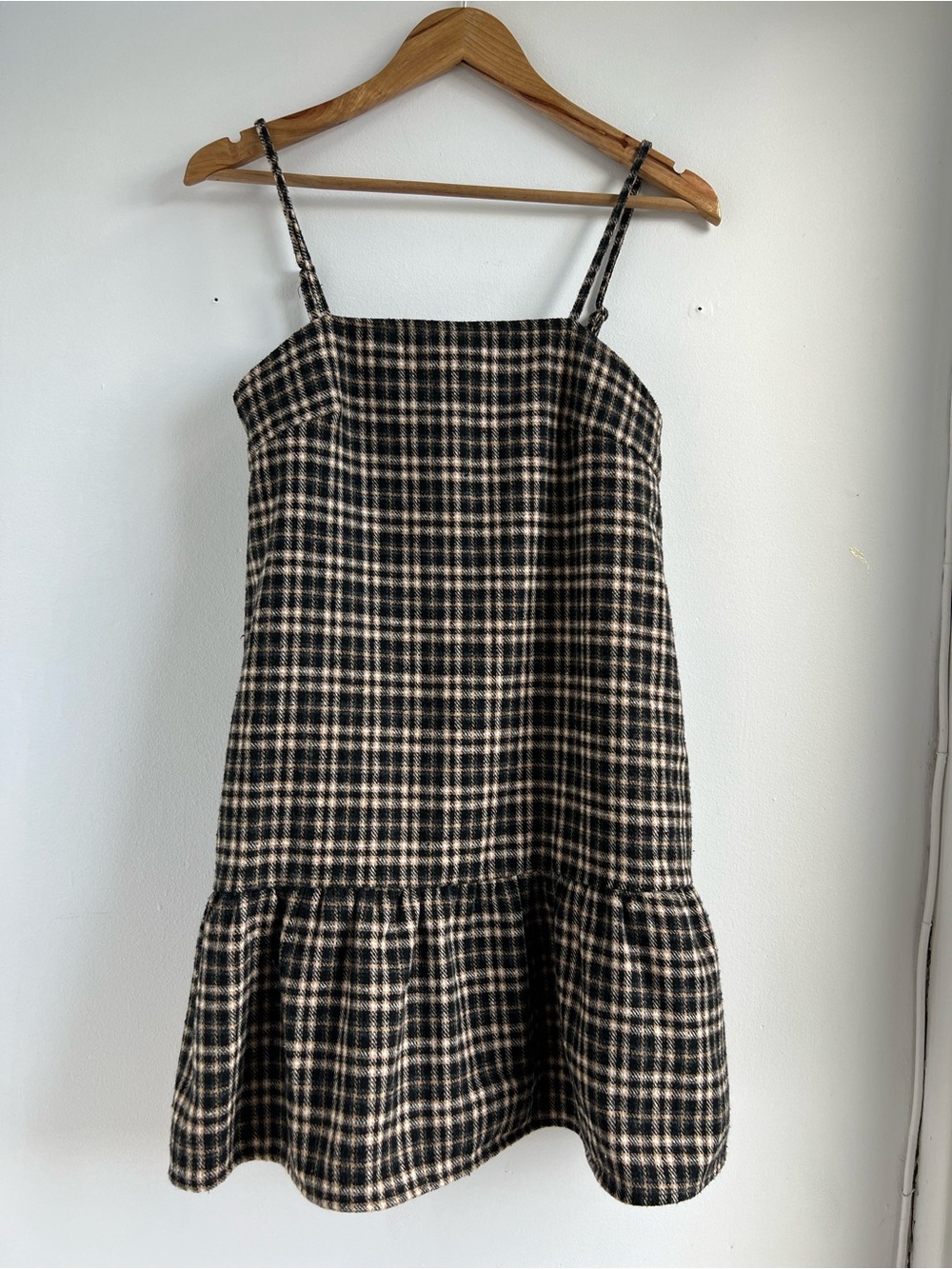 Plaid Spaghetti Strap Dress in Black and Cream
